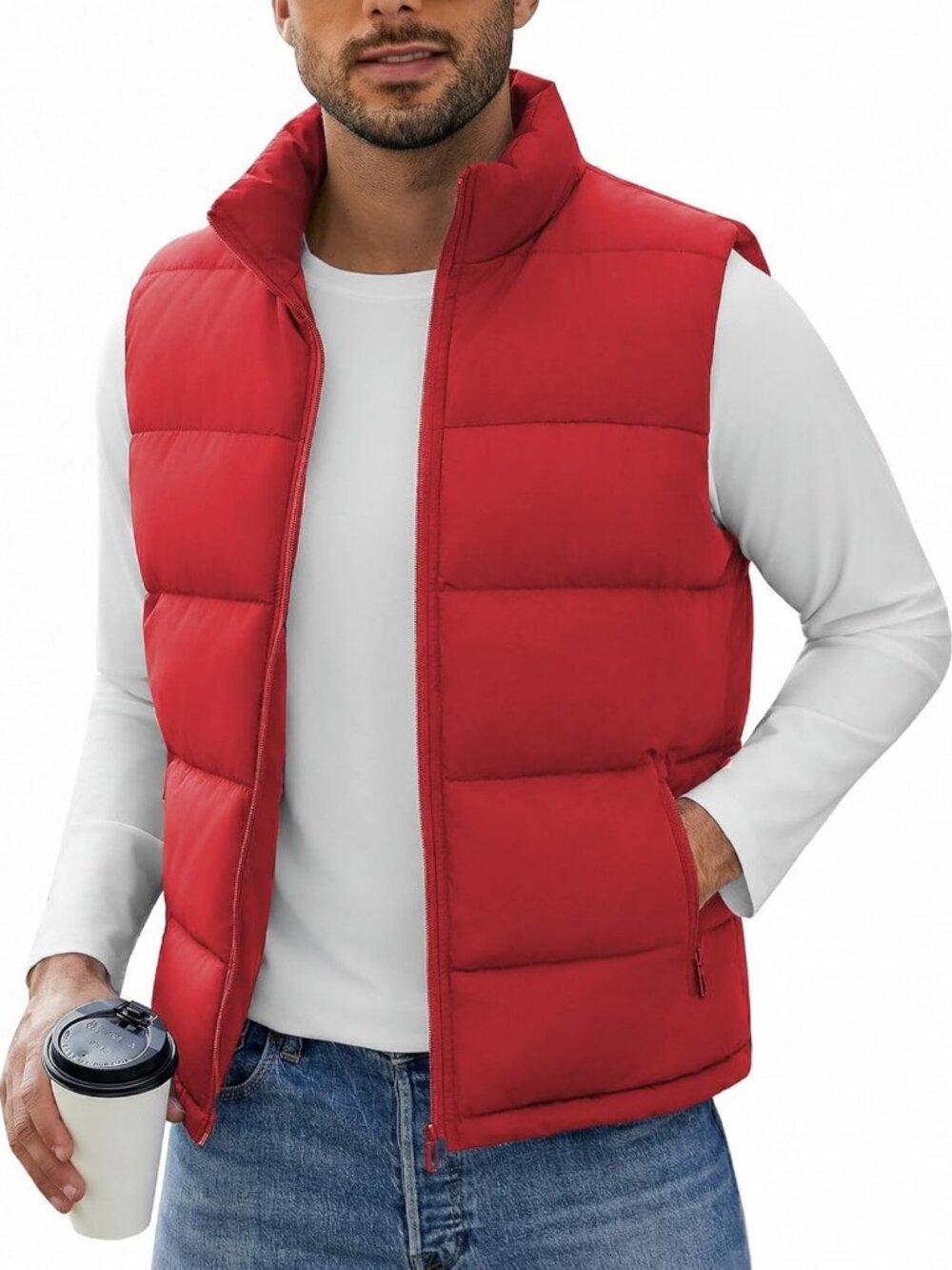 Lightweight Casual Puffer Vest for Men, Full Zip Sleeveless Jacket with 3